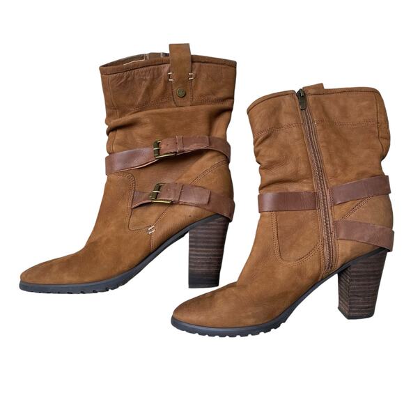 Marc Fisher Famous Brown Leather Slouch Boots 9 Block Heel Western Boho Cowgirl - Picture 3 of 13